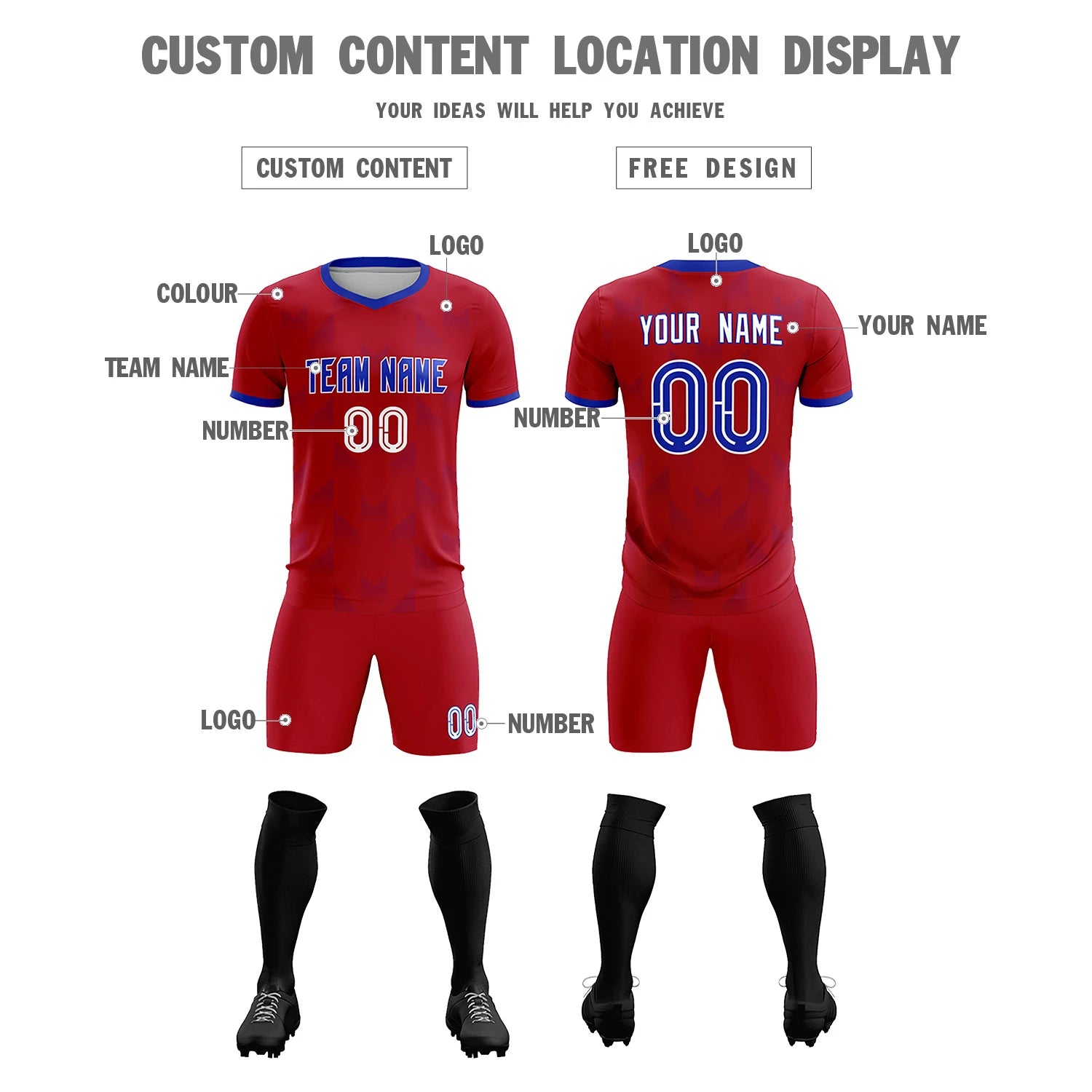 Custom Red Royal Blue Men Uniform Soccer Sets Jersey