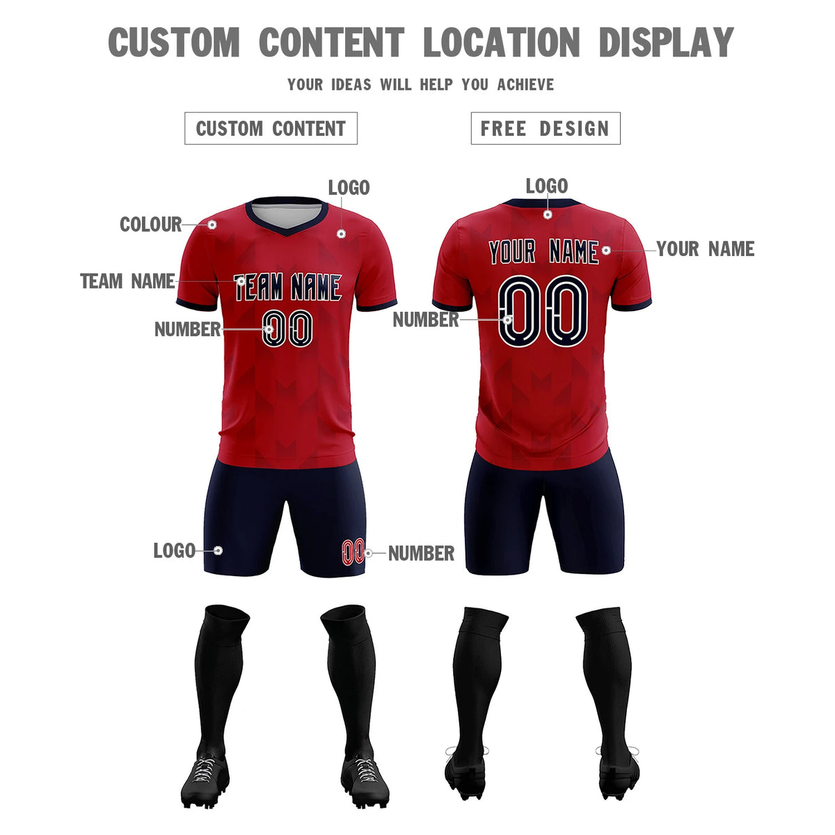 Custom Red Navy Men Uniform Soccer Sets Jersey