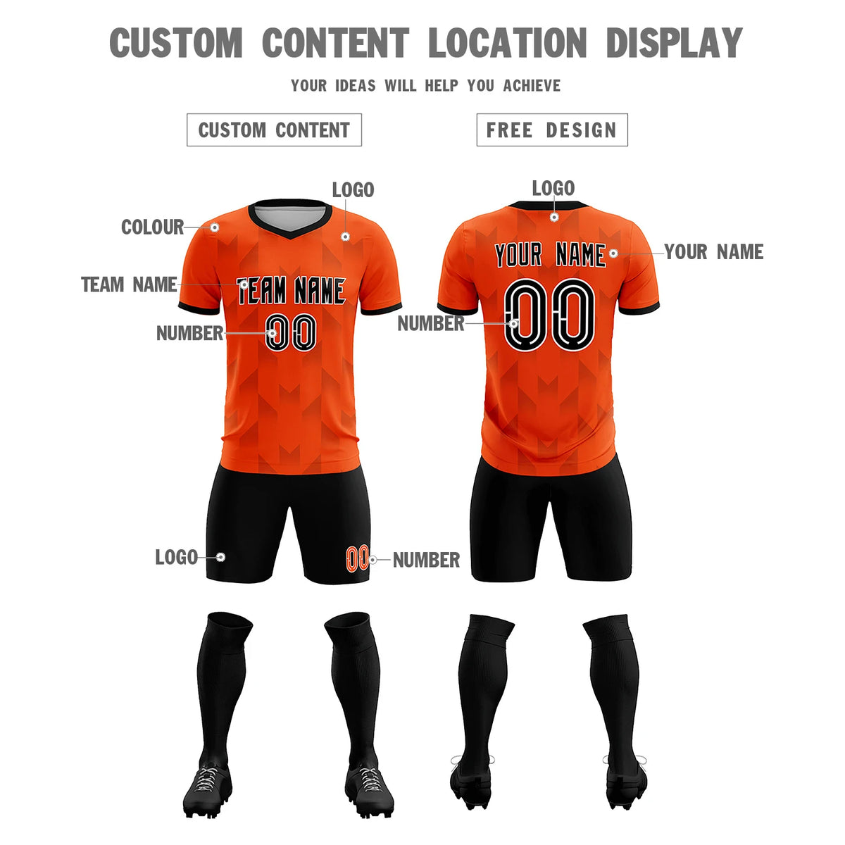 Custom Orange Black Men Uniform Soccer Sets Jersey