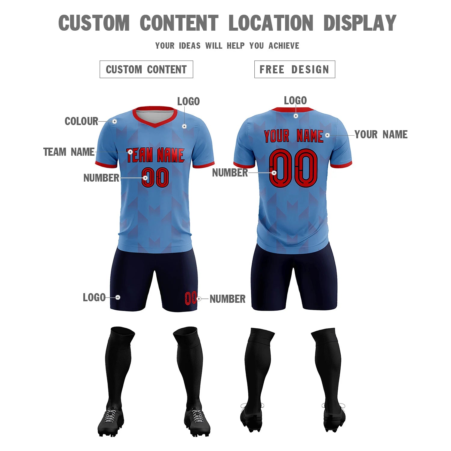 Custom Light Blue Red Men Uniform Soccer Sets Jersey