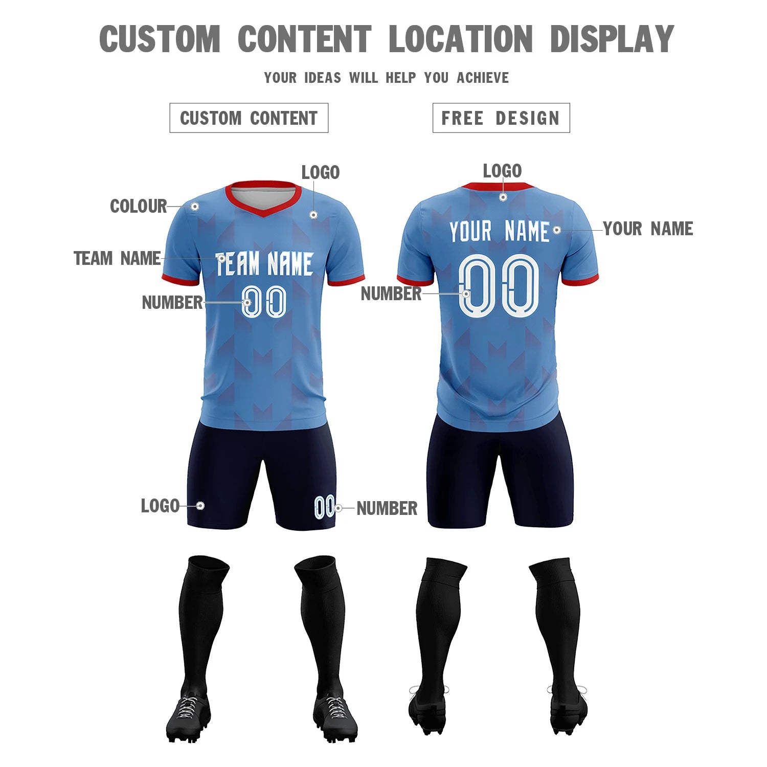 Custom Light Blue Red Men Uniform Soccer Sets Jersey