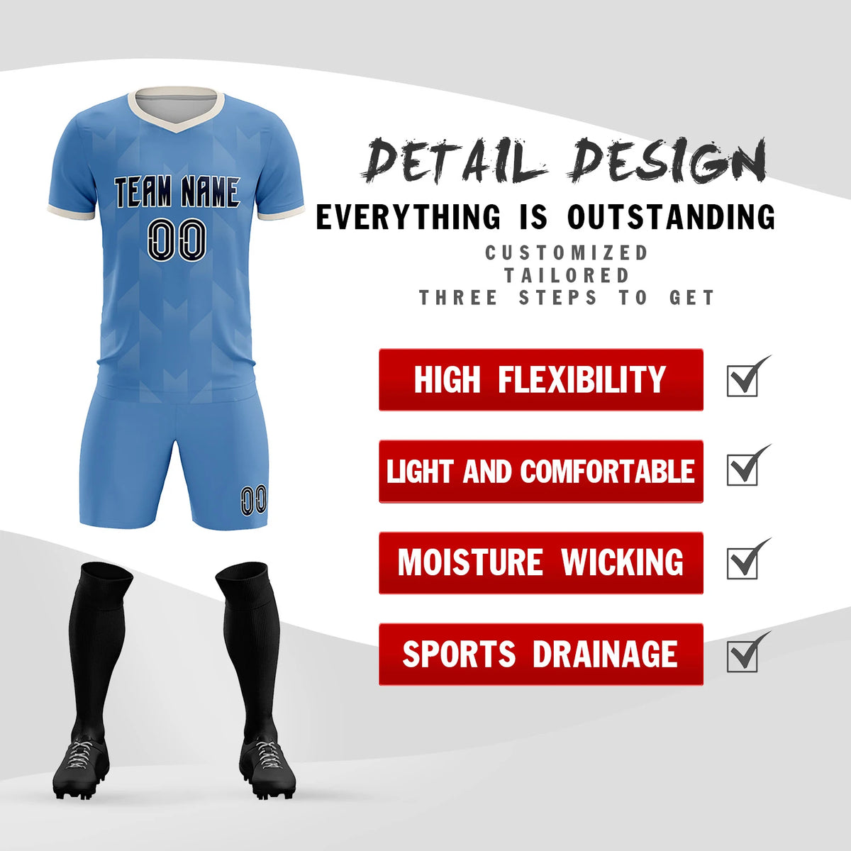 Custom Light Blue Cream Men Uniform Soccer Sets Jersey
