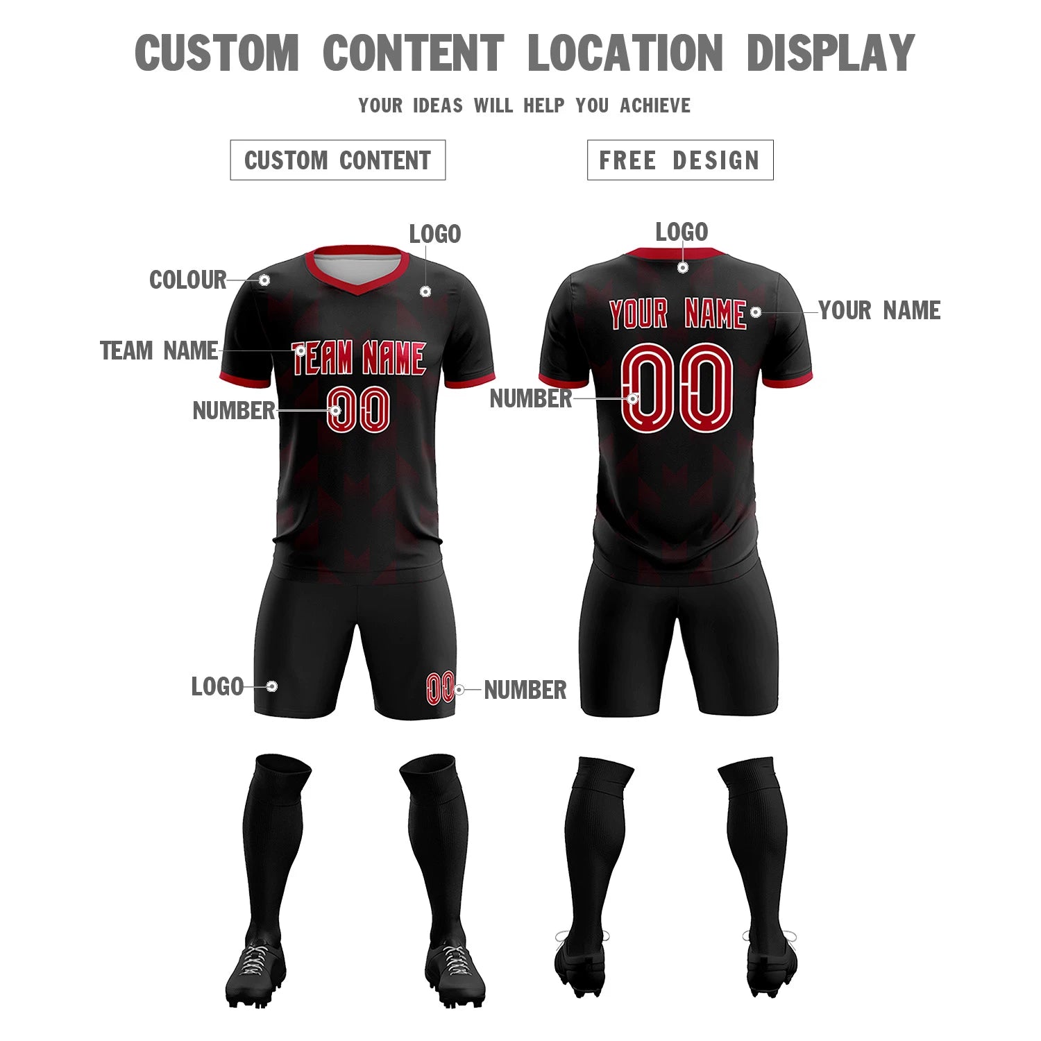 Custom Black Red Men Uniform Soccer Sets Jersey