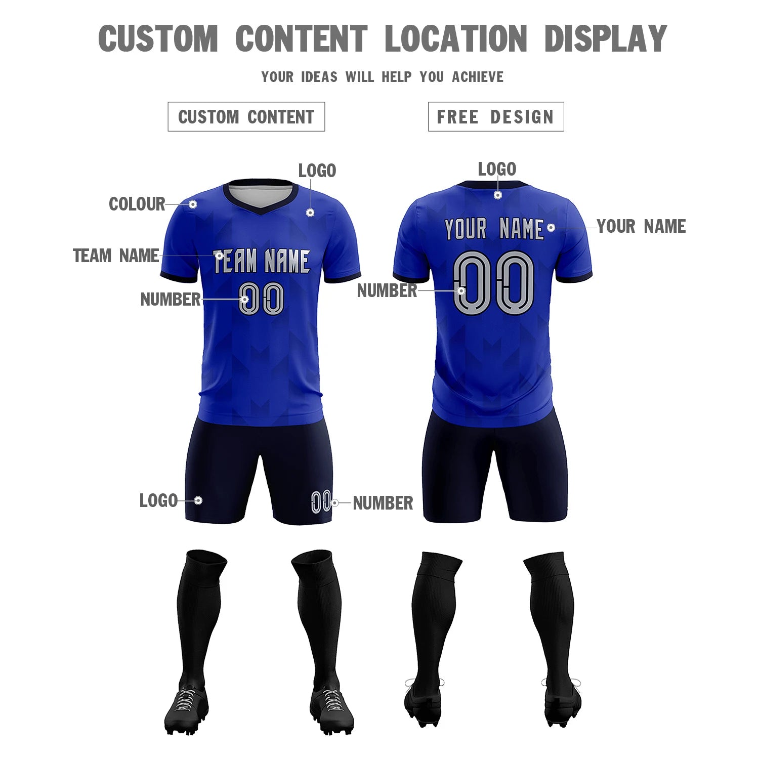Custom Royal Blue Navy Men Uniform Soccer Sets Jersey
