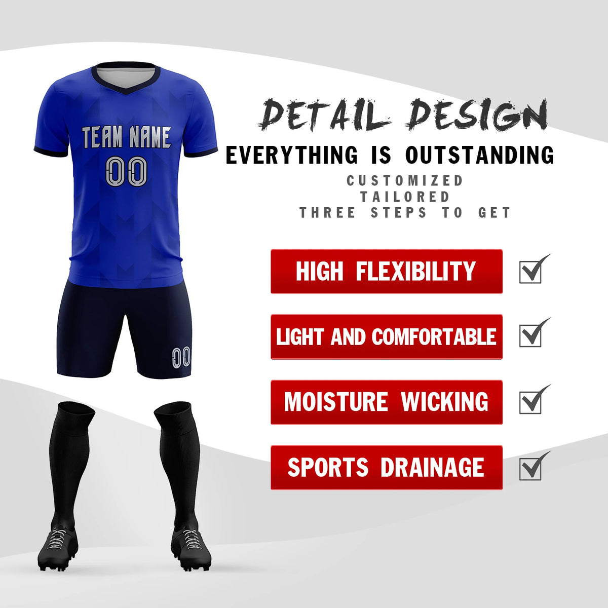 Custom Royal Blue Navy Men Uniform Soccer Sets Jersey
