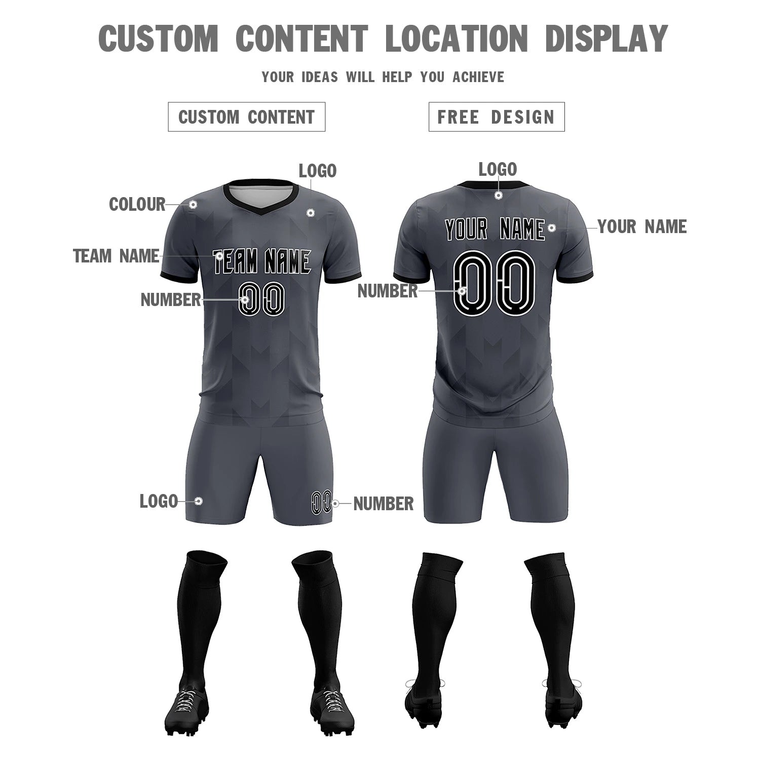 Custom Gray Black Men Uniform Soccer Sets Jersey