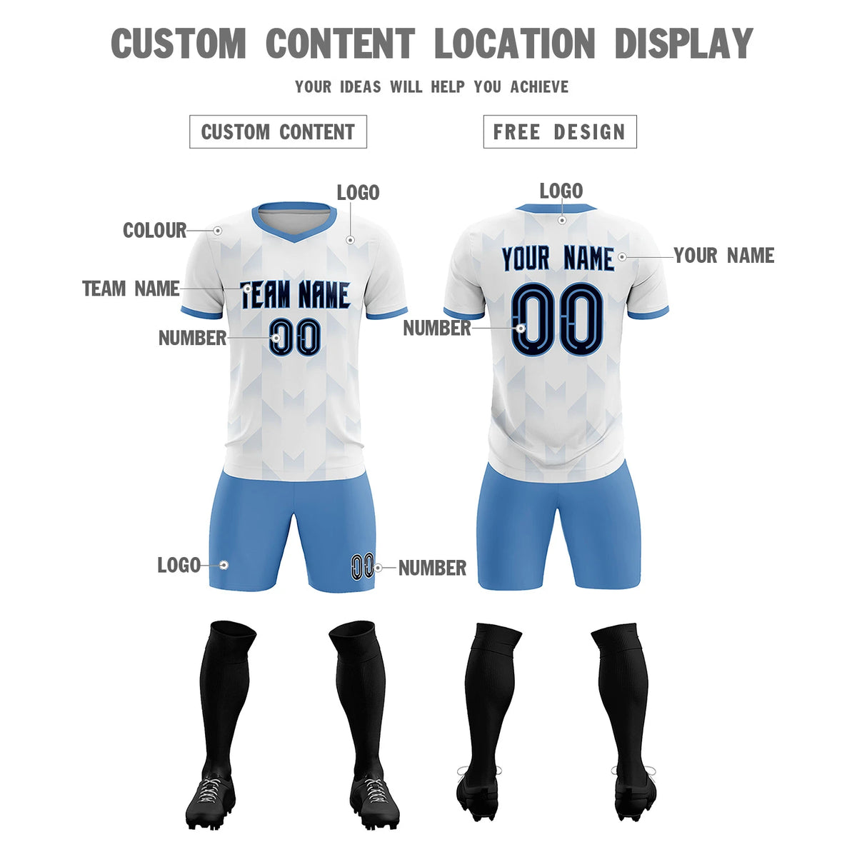 Custom White Light Blue Men Uniform Soccer Sets Jersey