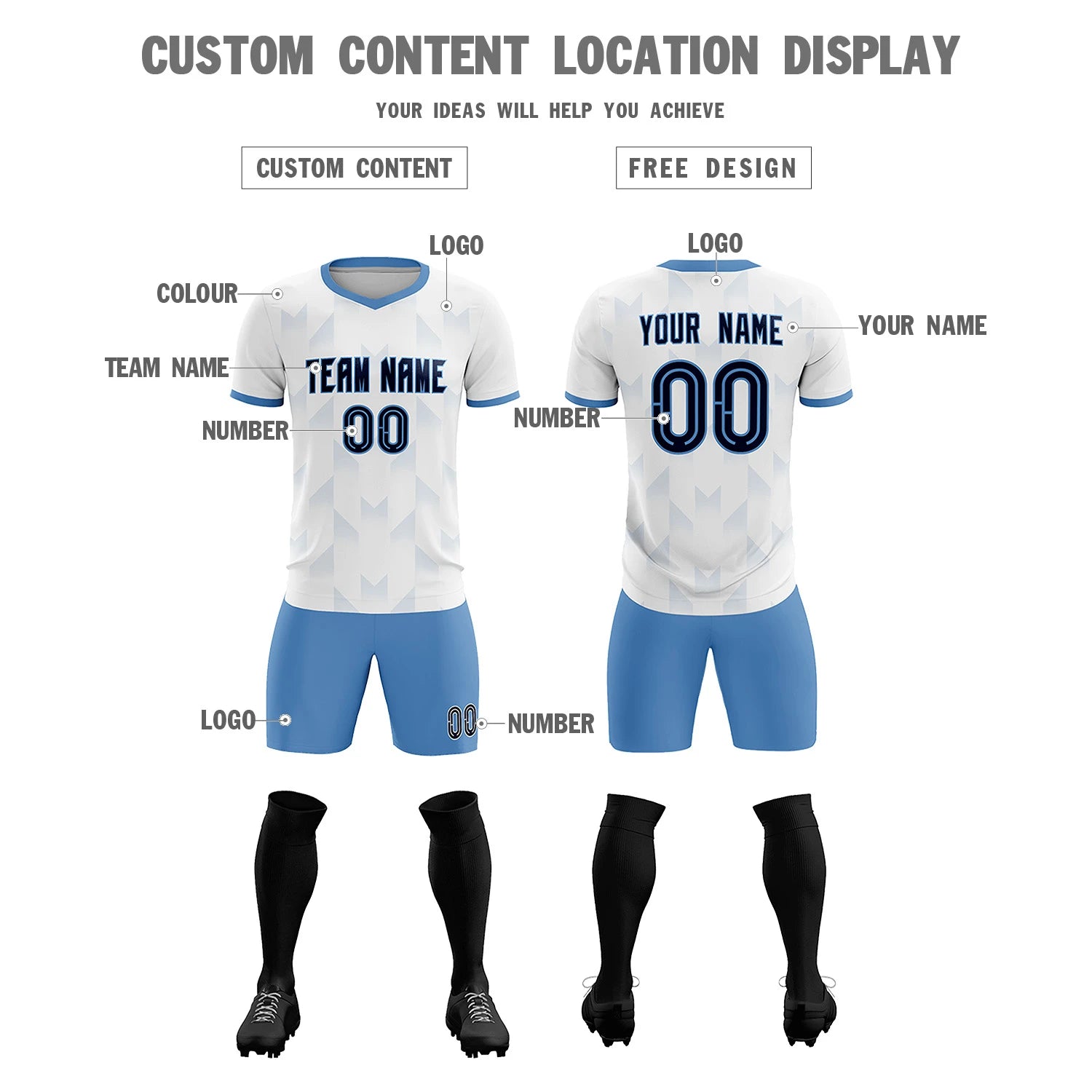Custom White Light Blue Men Uniform Soccer Sets Jersey