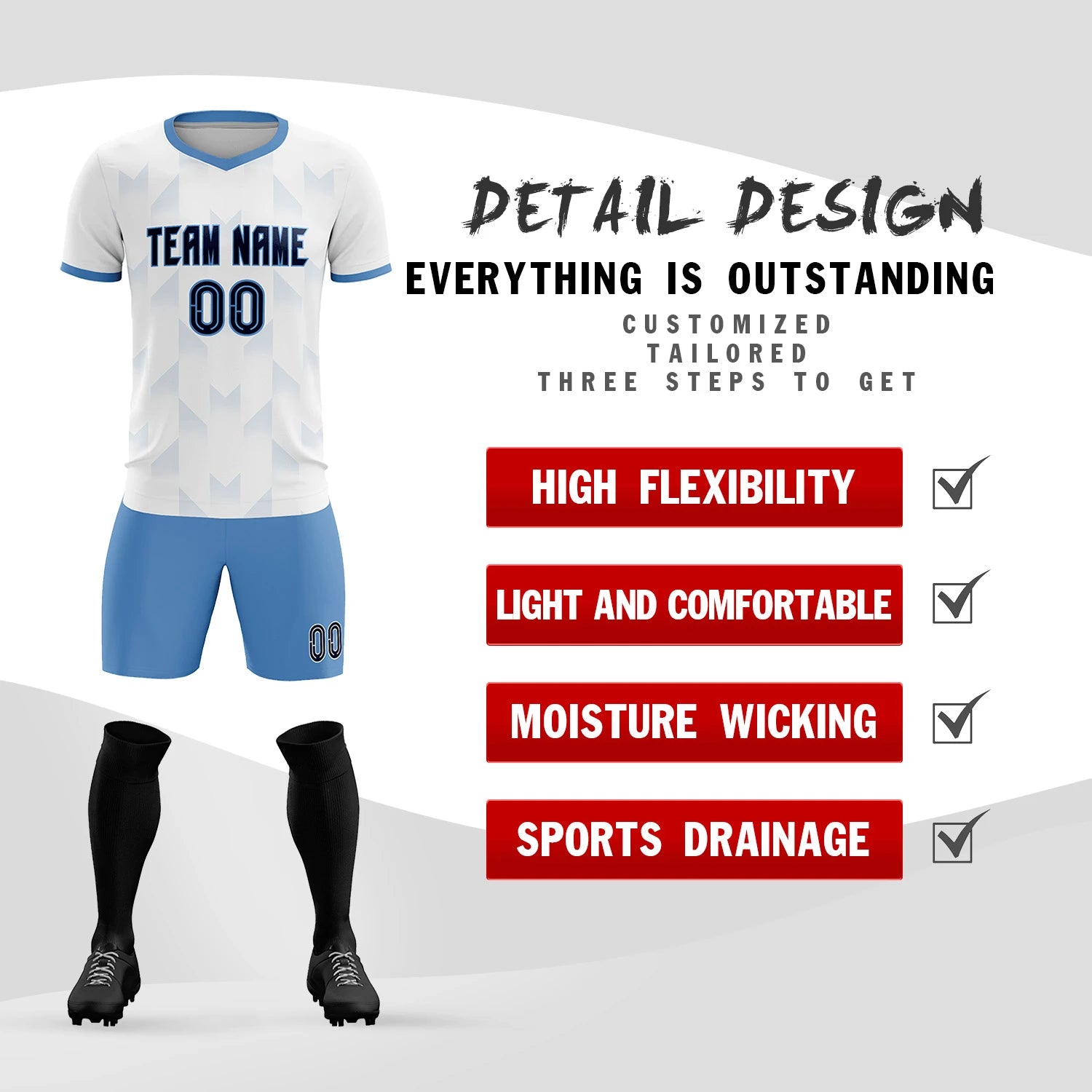 Custom White Light Blue Men Uniform Soccer Sets Jersey