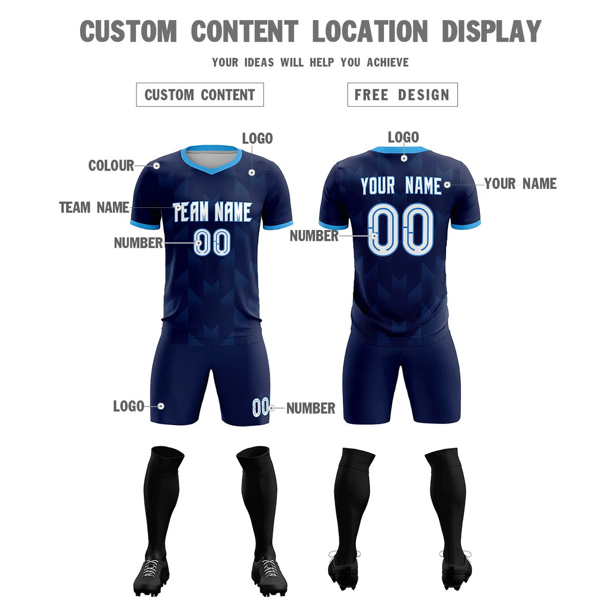 Custom Navy Powder Blue Men Uniform Soccer Sets Jersey