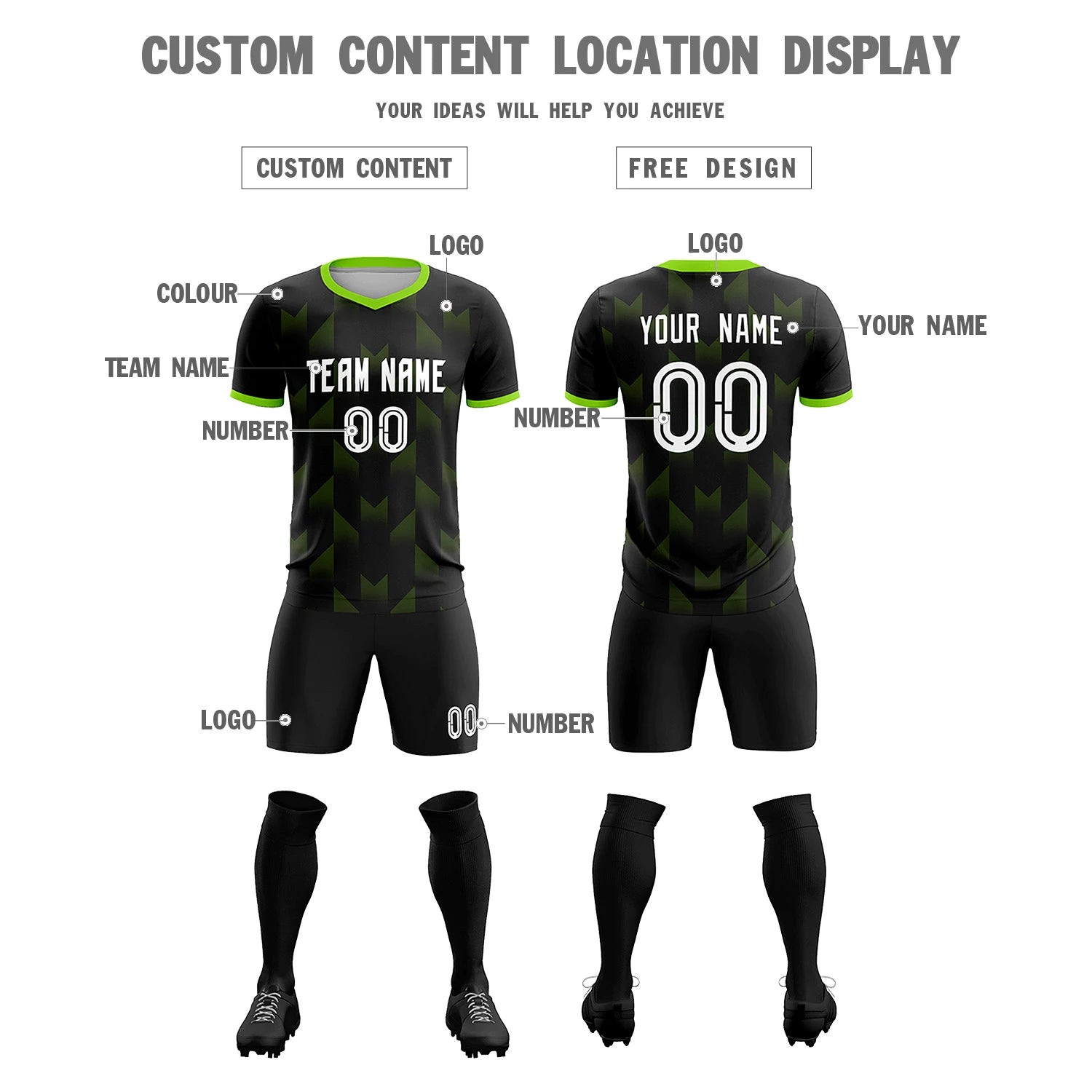 Custom Black Neon Green Men Uniform Soccer Sets Jersey