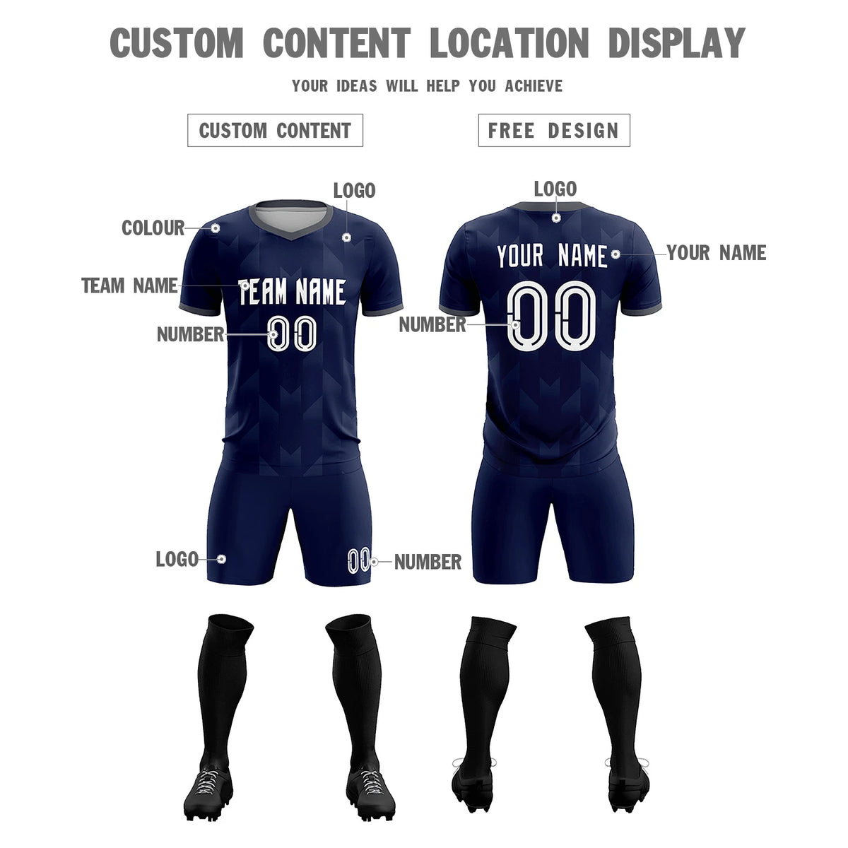 Custom Navy Gray Men Uniform Soccer Sets Jersey