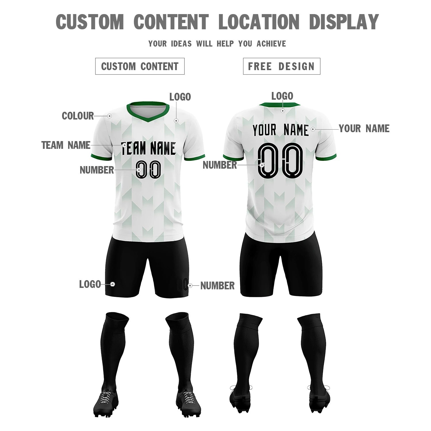 Custom White Kelly Green Men Uniform Soccer Sets Jersey