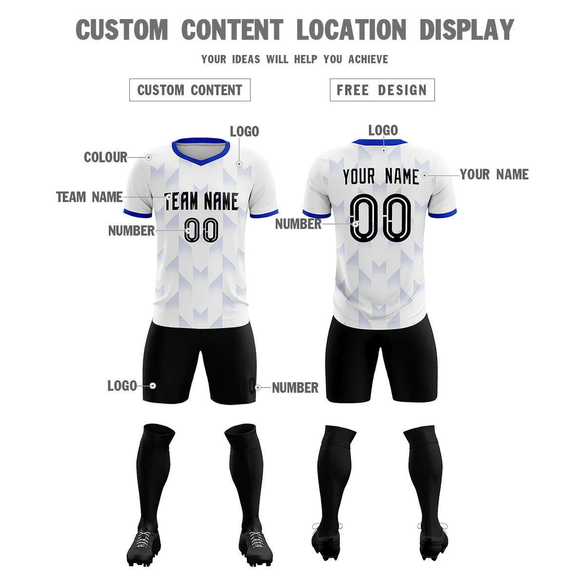 Custom White Royal Blue Men Uniform Soccer Sets Jersey