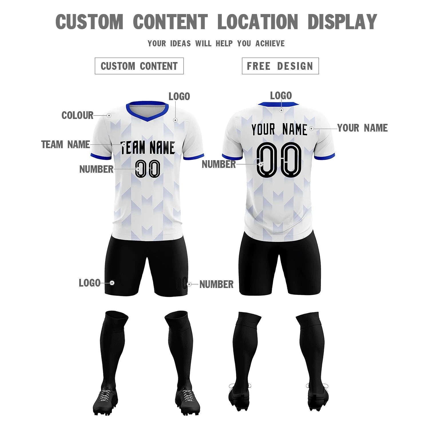 Custom White Royal Blue Men Uniform Soccer Sets Jersey