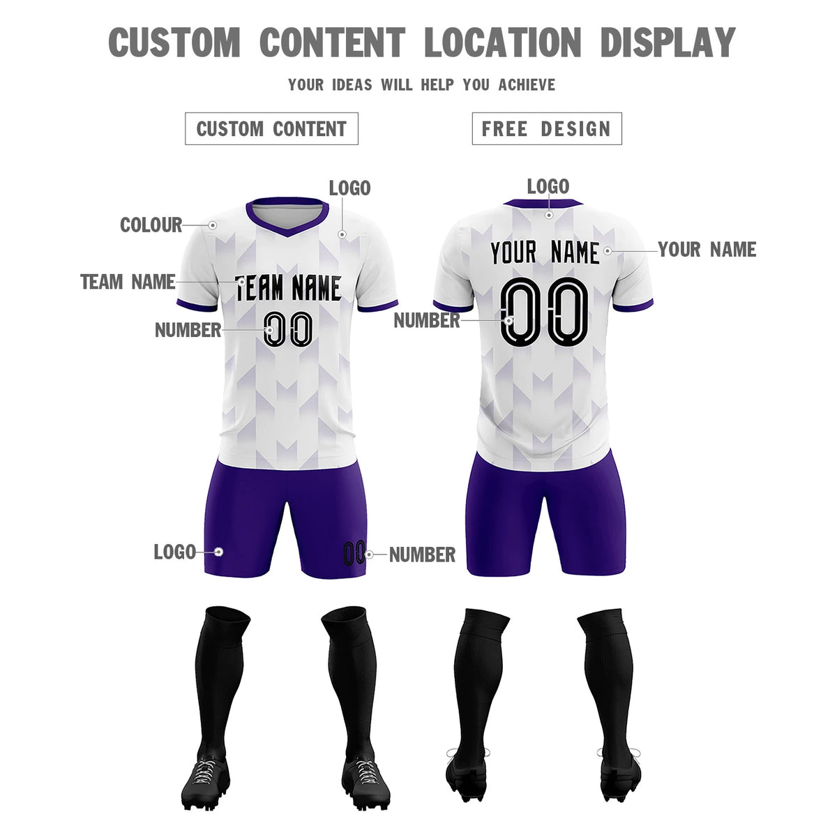 Custom White Purple Men Uniform Soccer Sets Jersey