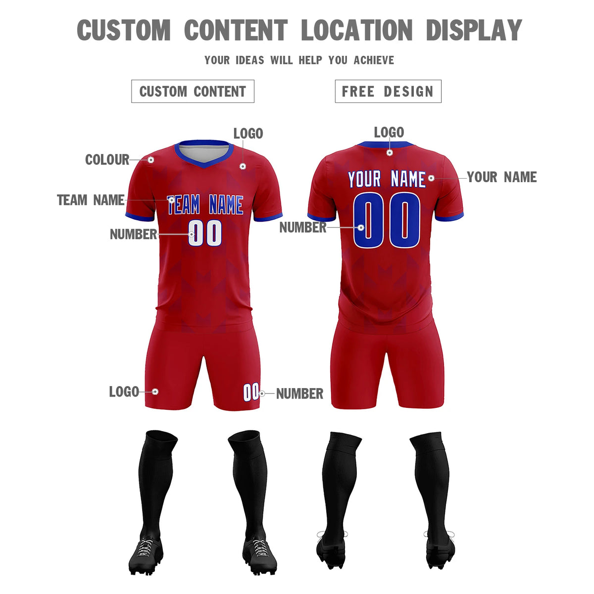 Custom Red Royal Blue Men Uniform Soccer Sets Jersey