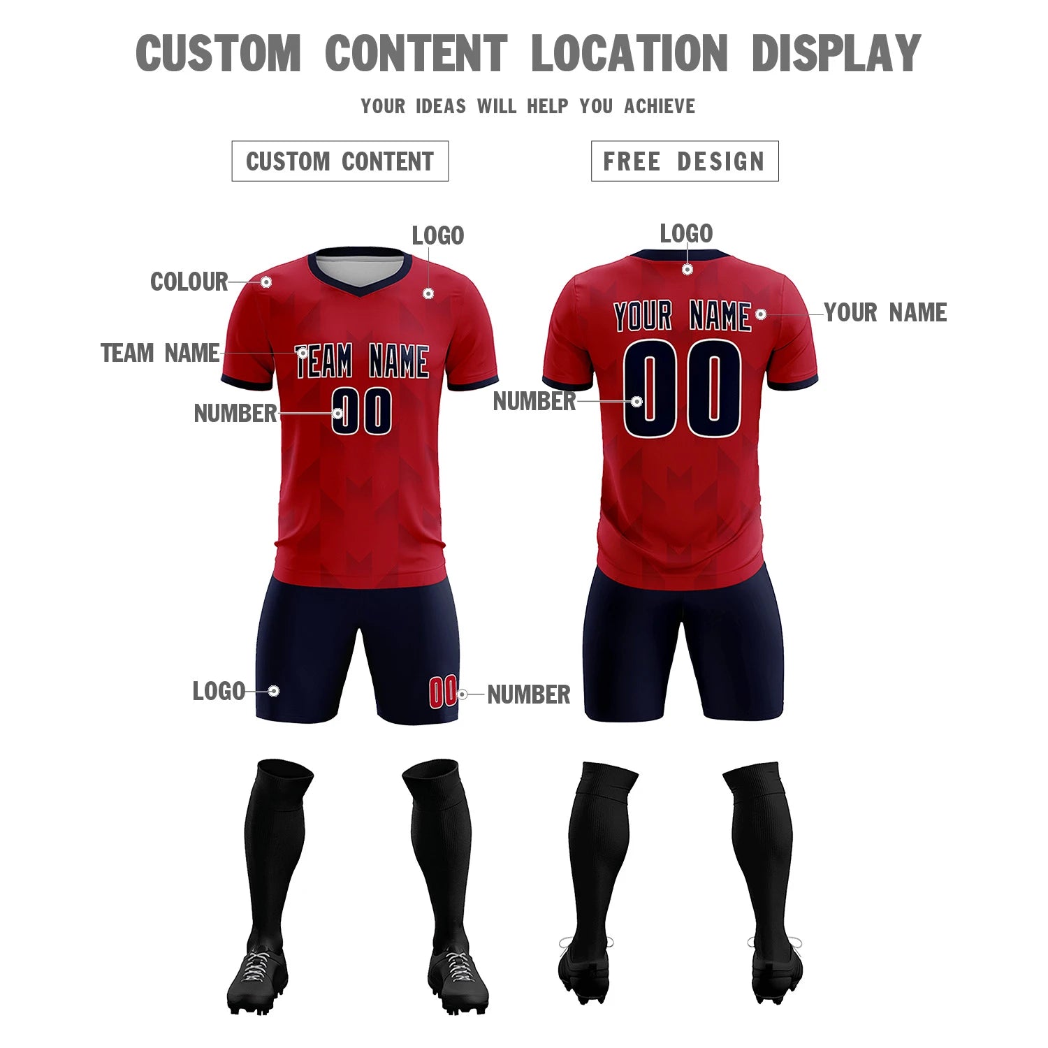 Custom Red Navy Men Uniform Soccer Sets Jersey