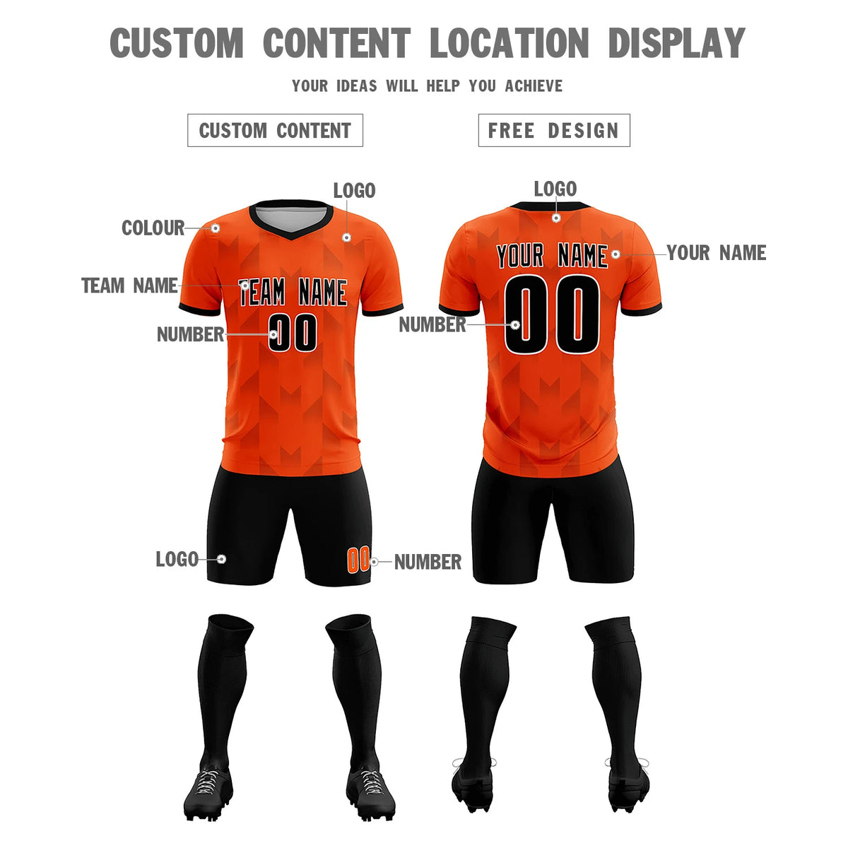 Custom Orange Black Men Uniform Soccer Sets Jersey