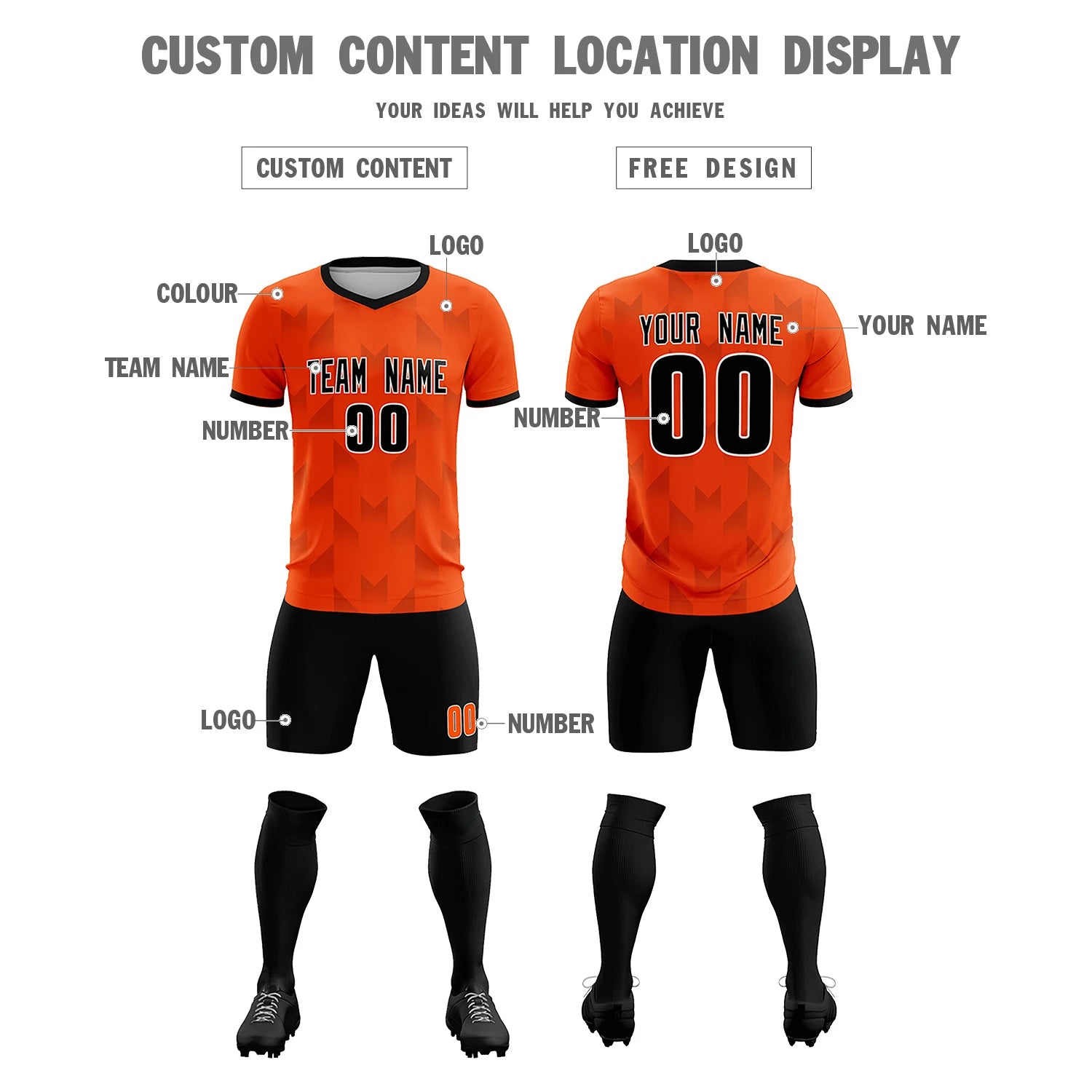 Custom Orange Black Men Uniform Soccer Sets Jersey