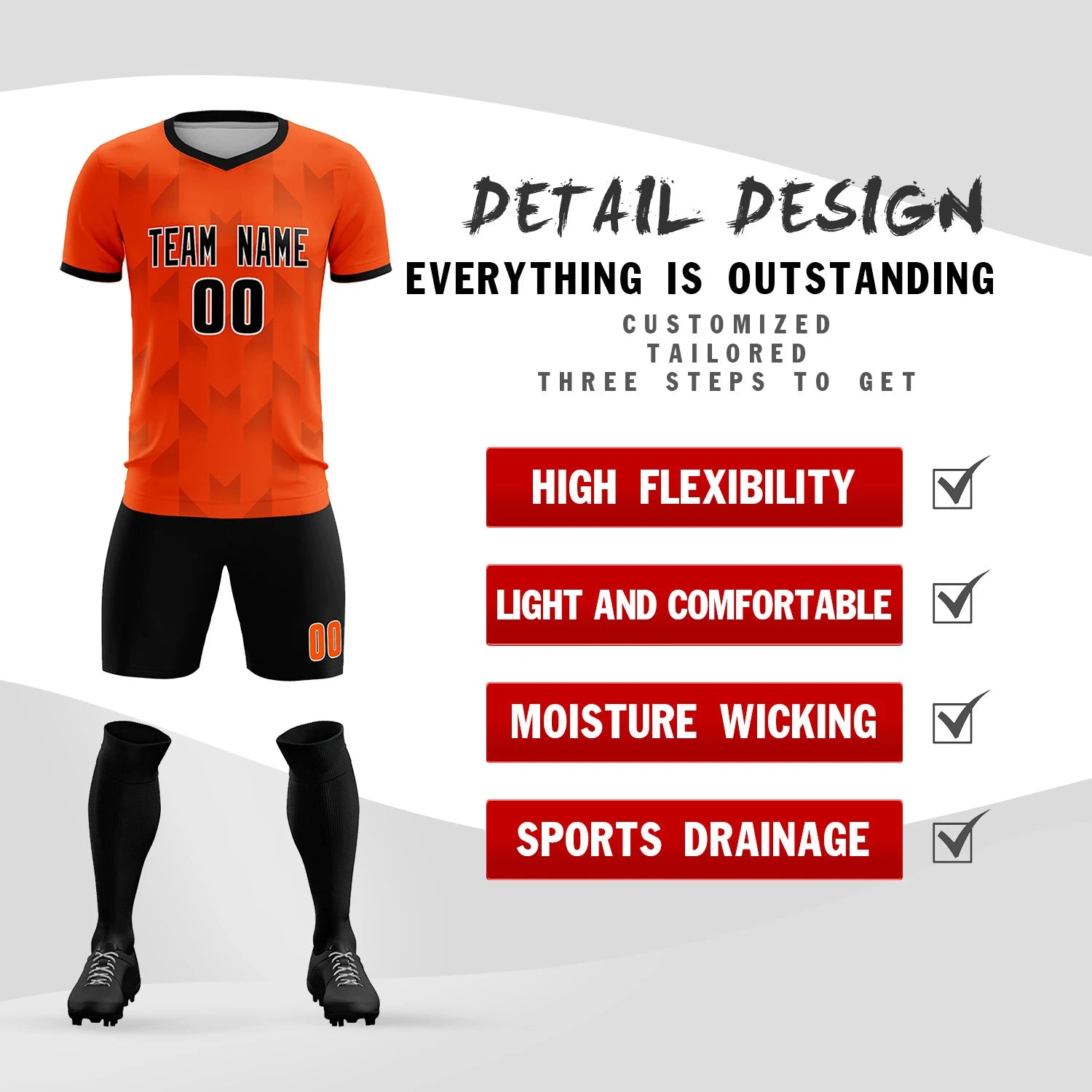 Custom Orange Black Men Uniform Soccer Sets Jersey