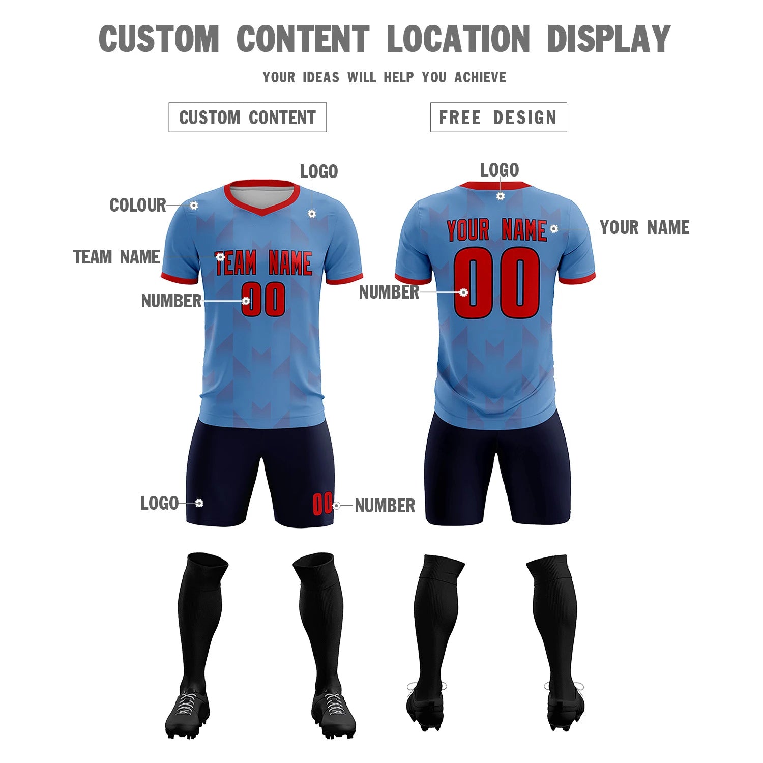 Custom Light Blue Red Men Uniform Soccer Sets Jersey