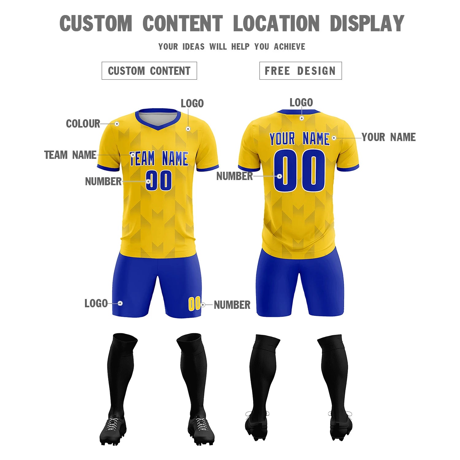 Custom Gold01 Royal Blue Men Uniform Soccer Sets Jersey