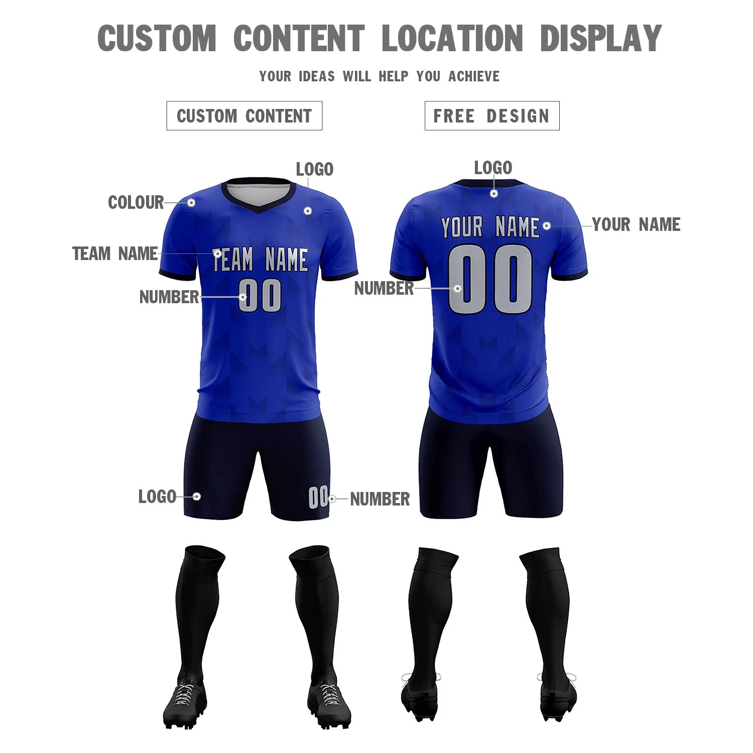 Custom Royal Blue Navy Men Uniform Soccer Sets Jersey