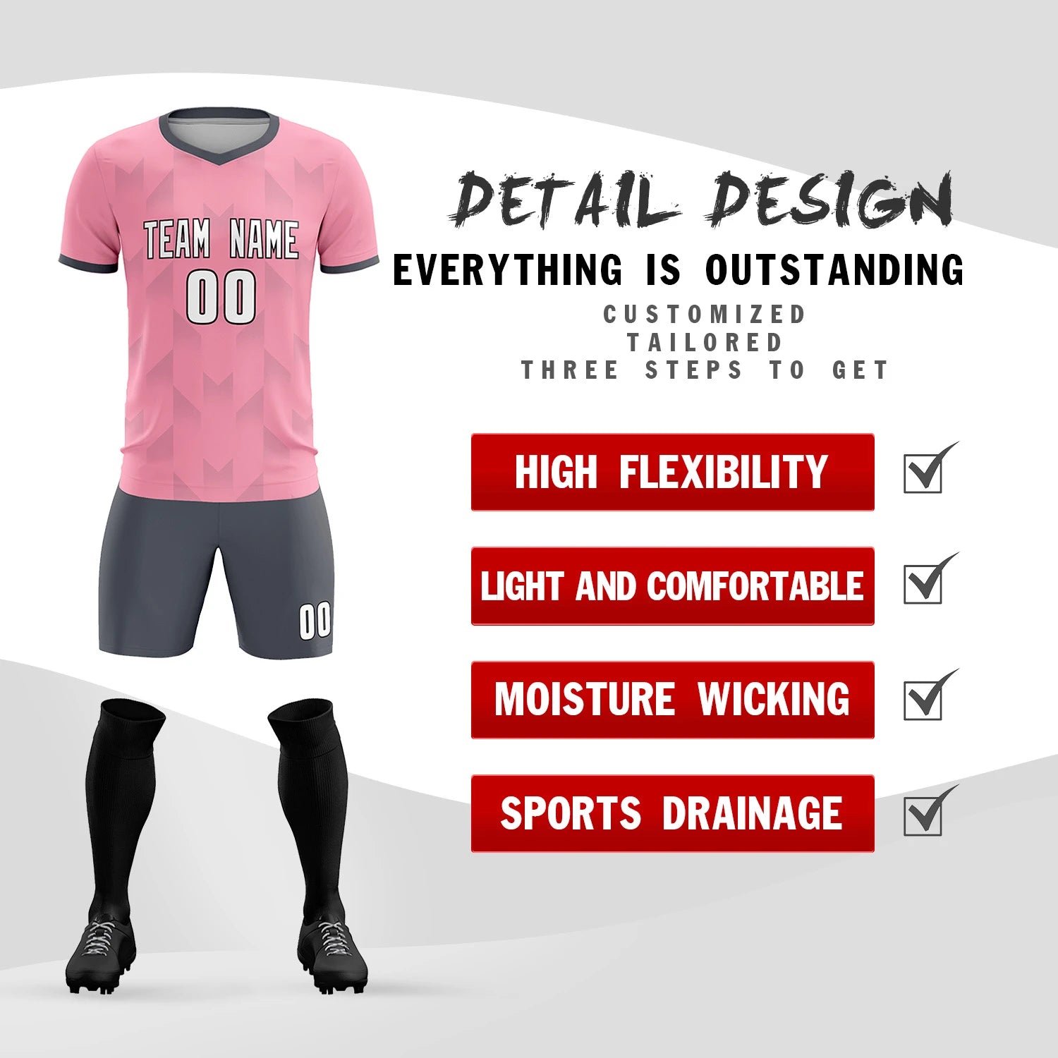 Custom Light Pink Gray Men Uniform Soccer Sets Jersey