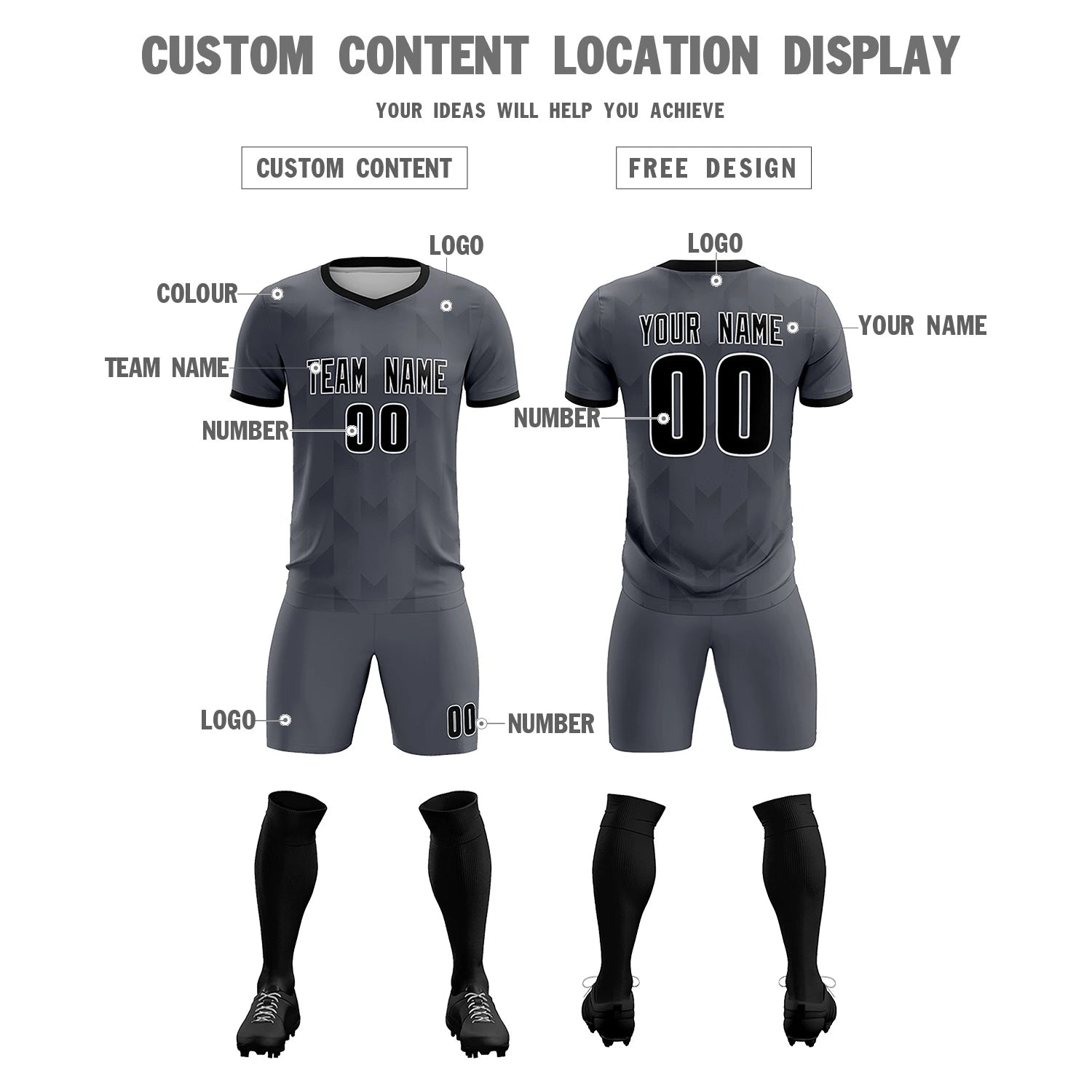 Custom Gray Black Men Uniform Soccer Sets Jersey