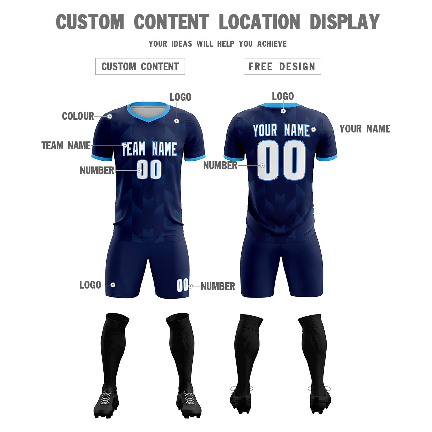 Custom Navy Powder Blue Men Uniform Soccer Sets Jersey