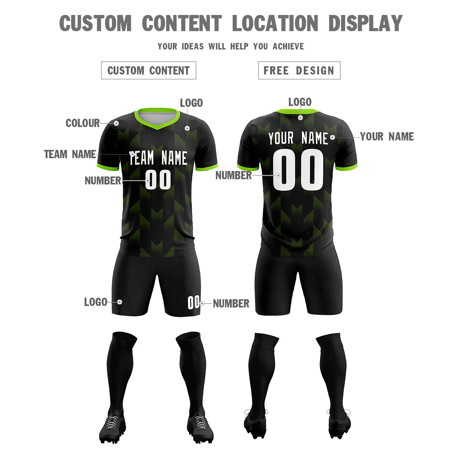 Custom Black Neon Green Men Uniform Soccer Sets Jersey