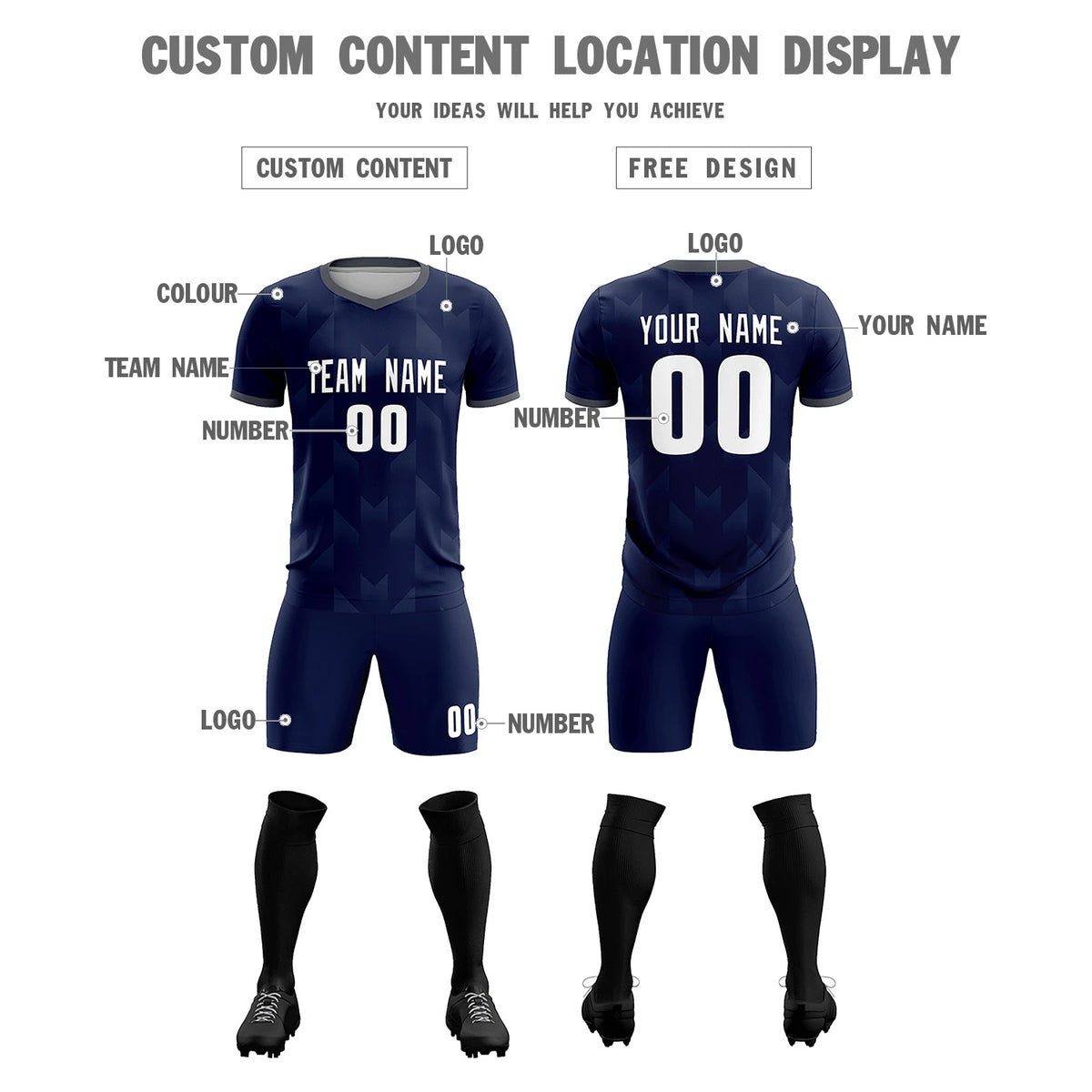 Custom Navy Gray Men Uniform Soccer Sets Jersey