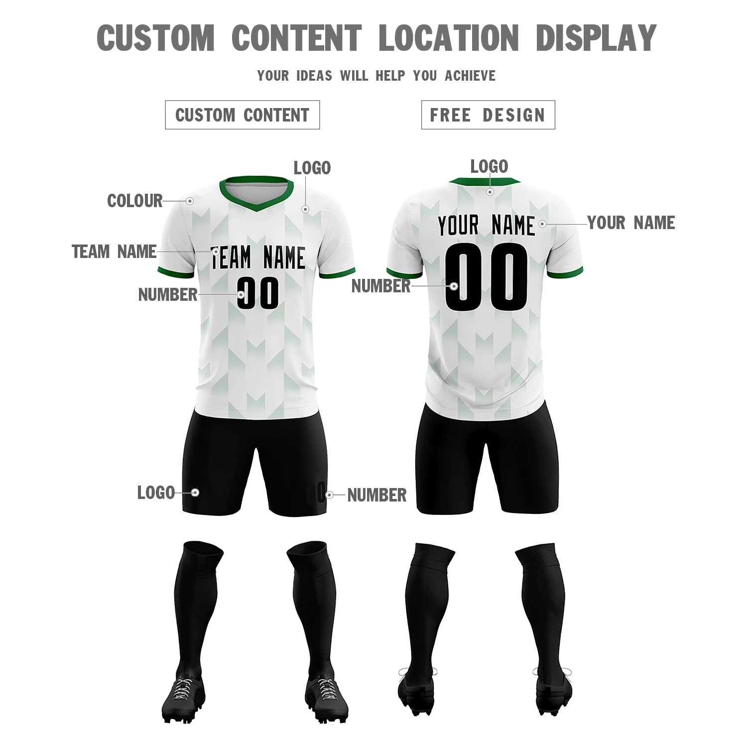 Custom White Kelly Green Men Uniform Soccer Sets Jersey