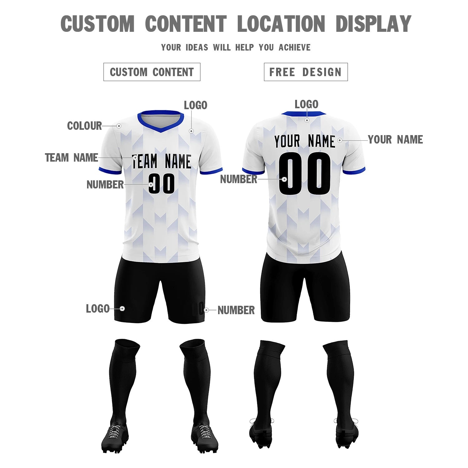 Custom White Royal Blue Men Uniform Soccer Sets Jersey