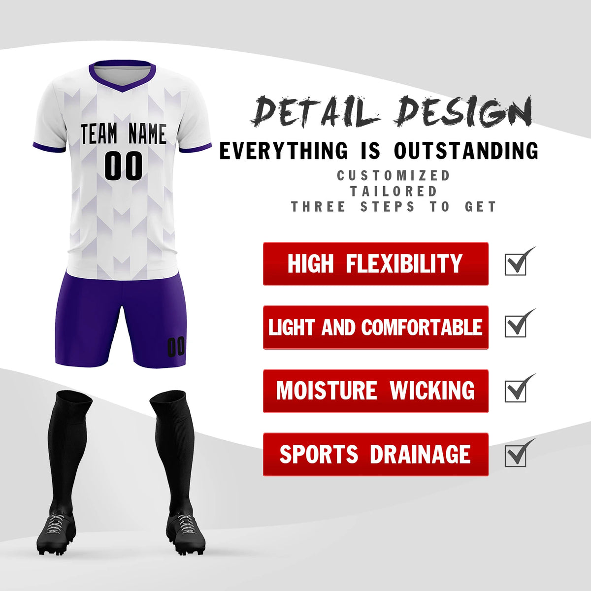 Custom White Purple Men Uniform Soccer Sets Jersey