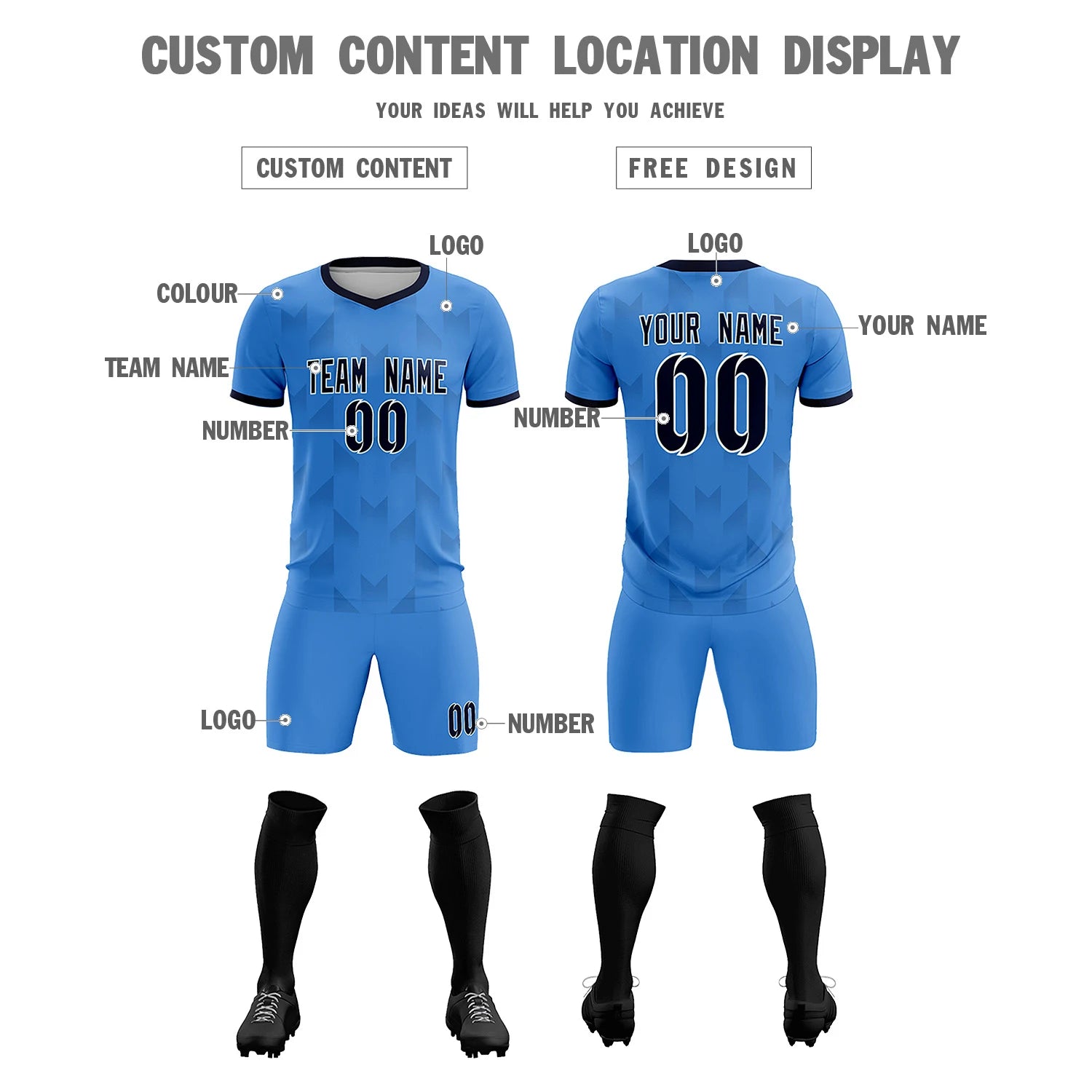 Custom Powder Blue Black Men Uniform Soccer Sets Jersey