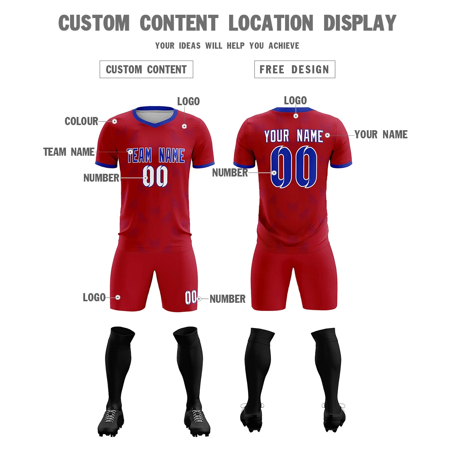 Custom Red Royal Blue Men Uniform Soccer Sets Jersey