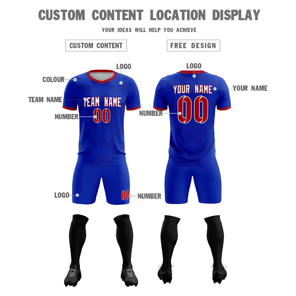 Custom Royal Blue Red Men Uniform Soccer Sets Jersey