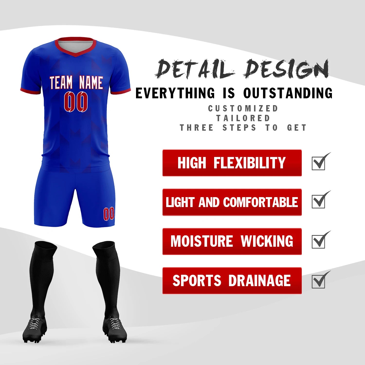 Custom Royal Blue Red Men Uniform Soccer Sets Jersey