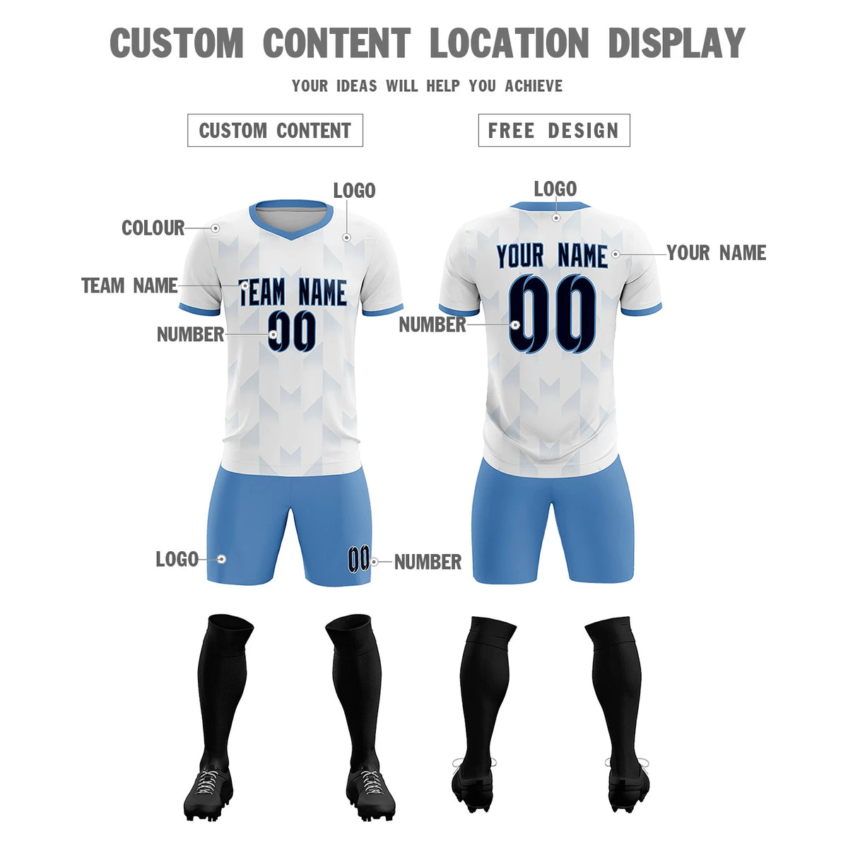 Custom White Light Blue Men Uniform Soccer Sets Jersey