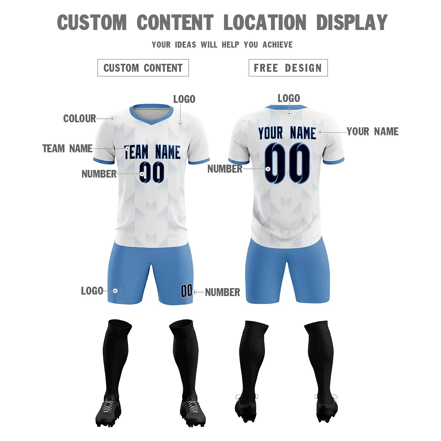 Custom White Light Blue Men Uniform Soccer Sets Jersey