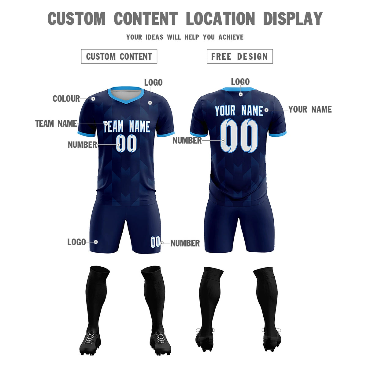 Custom Navy Powder Blue Men Uniform Soccer Sets Jersey
