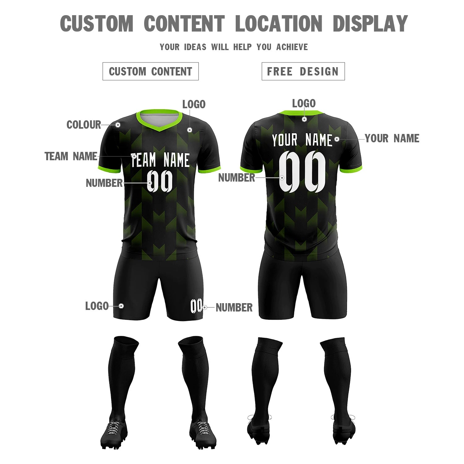 Custom Black Neon Green Men Uniform Soccer Sets Jersey