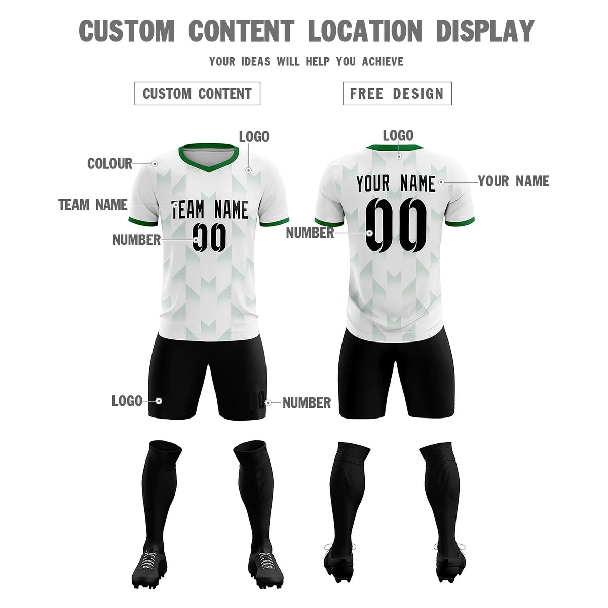 Custom White Kelly Green Men Uniform Soccer Sets Jersey