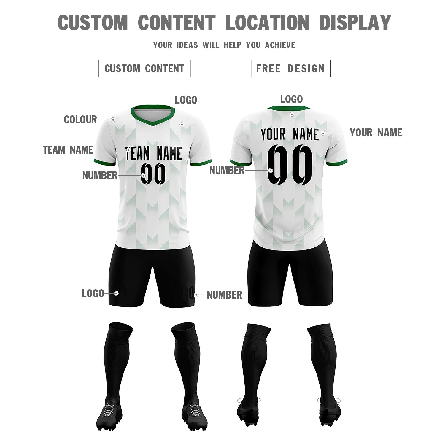 Custom White Kelly Green Men Uniform Soccer Sets Jersey