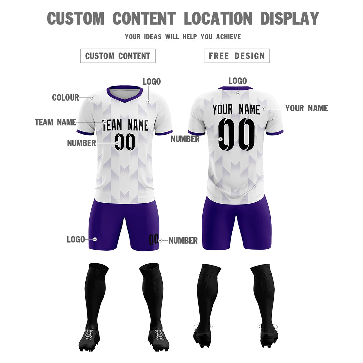 Custom White Purple Men Uniform Soccer Sets Jersey