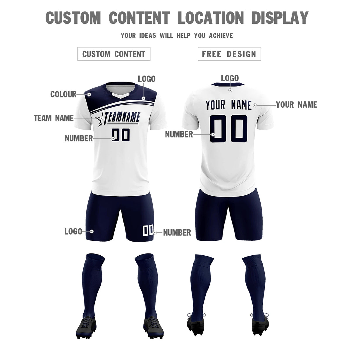Custom White Navy Personalized Men Soccer Sets Jersey
