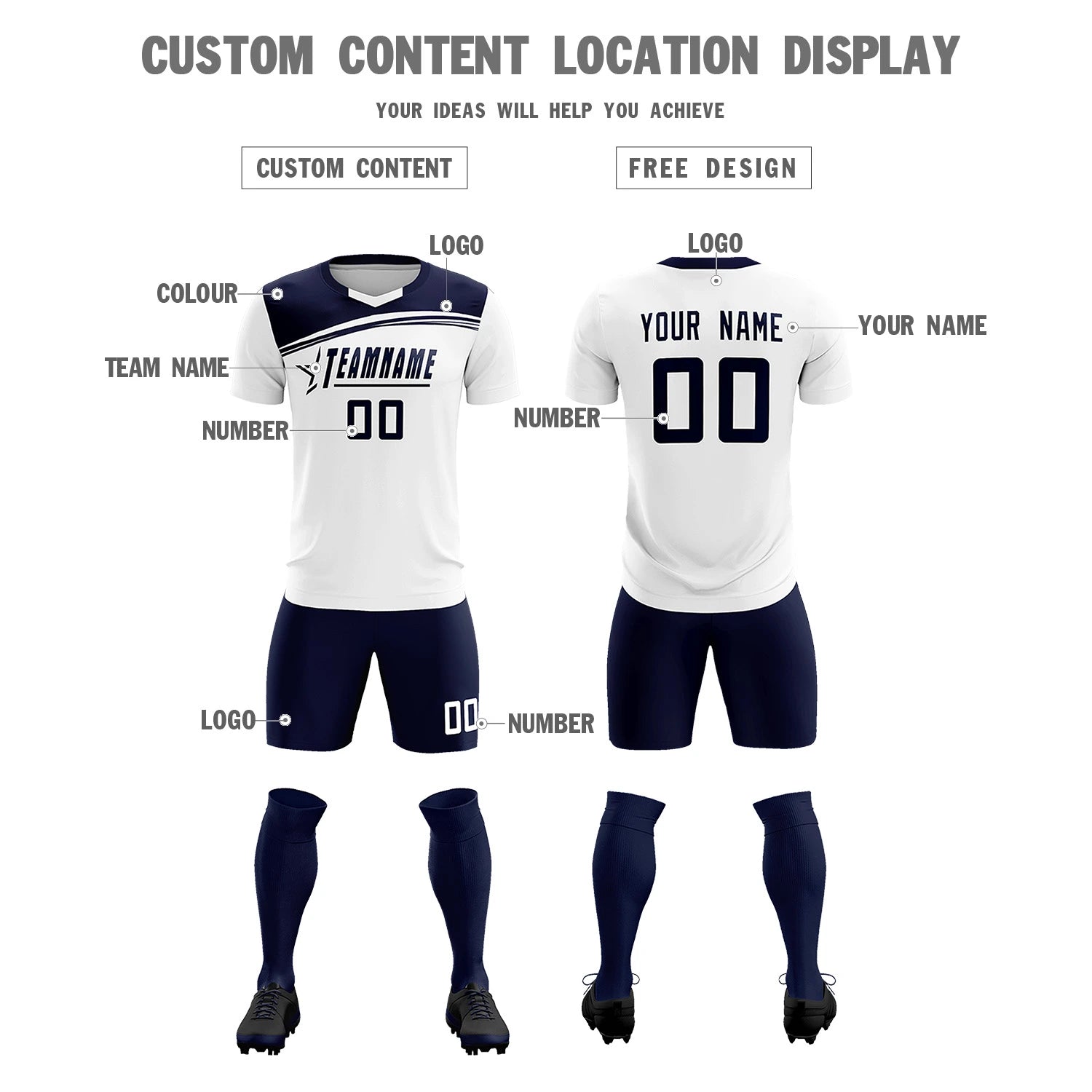 Custom White Navy Personalized Men Soccer Sets Jersey