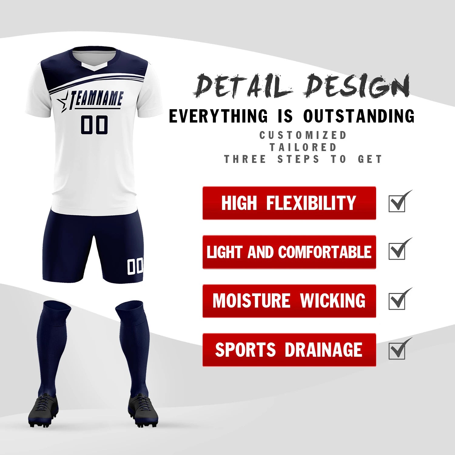 Custom White Navy Personalized Men Soccer Sets Jersey
